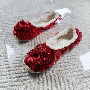 Snoozies Sequin Slipper Socks Womens Large Red Bow Sherpa Lined Ruby Slippers